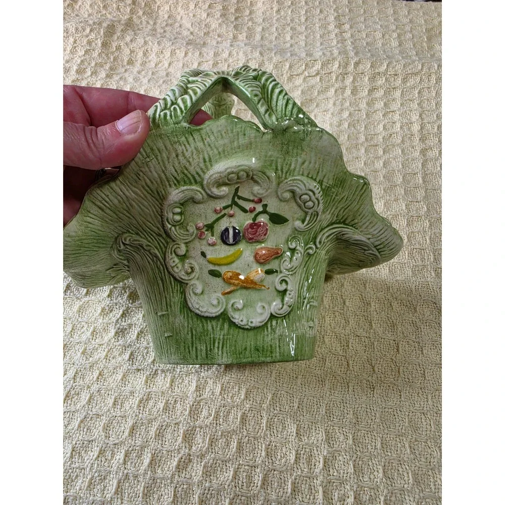 Vintage Green Cabbage Leaf Ceramic Basket Fruit Bowl